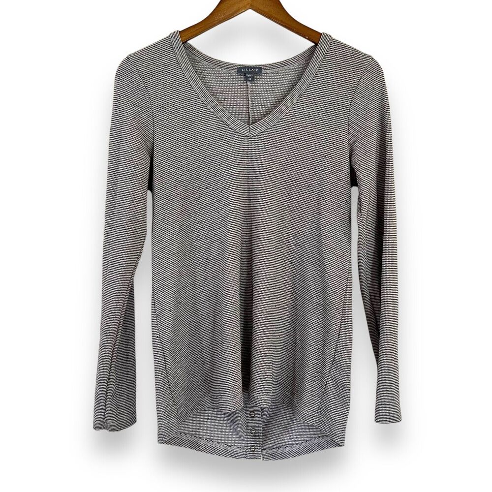 Lilla P Long Sleeve Waffle Knit V-Neck Top XS Black White Stripe Back Buttons